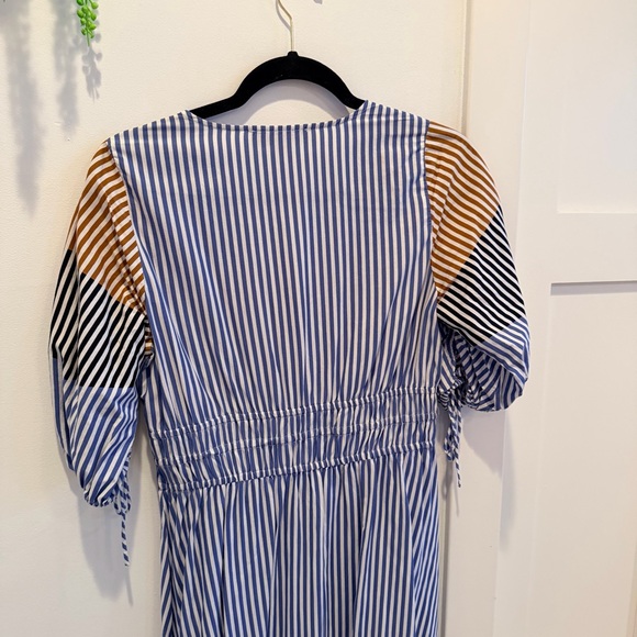 LOFT Striped Midi Dress Tie Puff Sleeve Blue Tan Minimalist Women's Dress MP - Picture 7 of 11